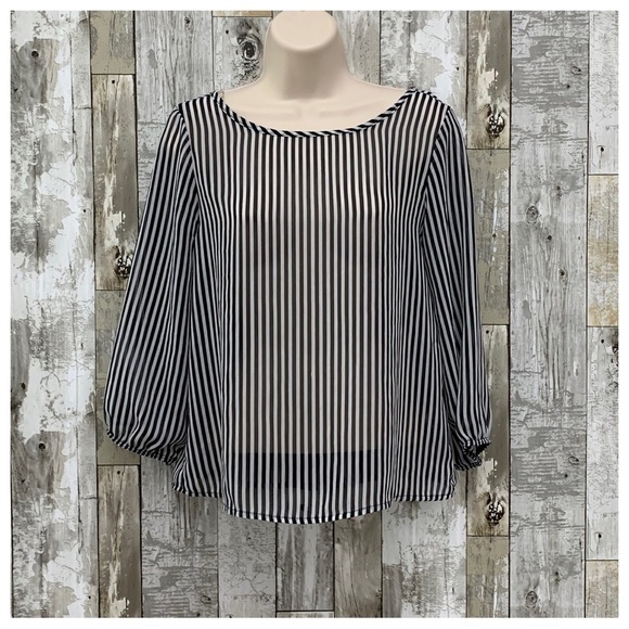 #105 Estam Large Bow Sheer Pin Stripe Reversible Blouse Shirt Top Tunic Small - Picture 2 of 4
